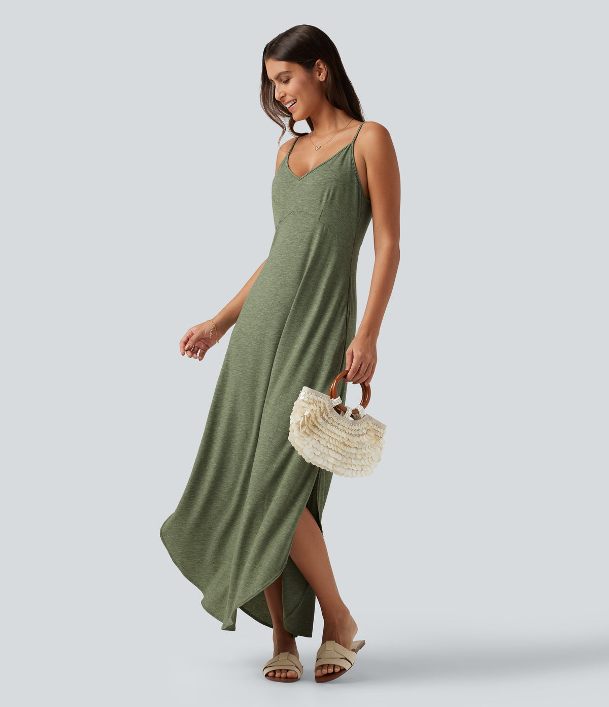 V Neck Split Hem Maxi Casual Slip Dress with Pockets — Light Green Floral Yarn — view 8