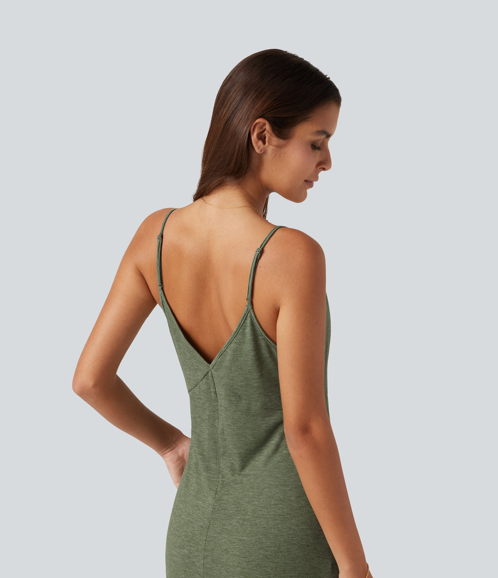 V Neck Split Hem Maxi Casual Slip Dress with Pockets — Light Green Floral Yarn — view 5