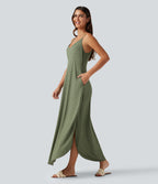 V Neck Split Hem Maxi Casual Slip Dress with Pockets — Light Green Floral Yarn — view 3