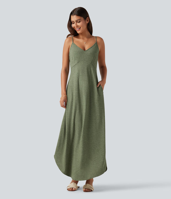 V Neck Split Hem Maxi Casual Slip Dress with Pockets — Light Green Floral Yarn — view 1