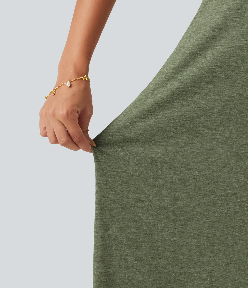 V Neck Split Hem Maxi Casual Slip Dress with Pockets — Light Green Floral Yarn — view 7