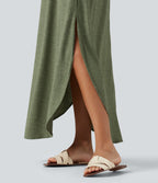 V Neck Split Hem Maxi Casual Slip Dress with Pockets — Light Green Floral Yarn — view 6
