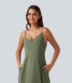 V Neck Split Hem Maxi Casual Slip Dress with Pockets — Light Green Floral Yarn — view 4