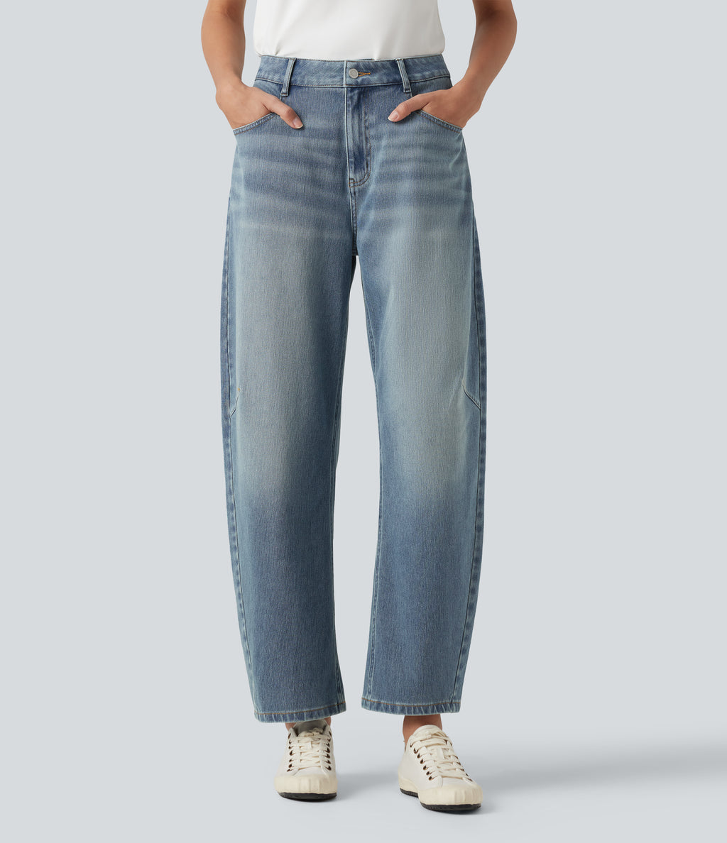 High-waisted Casual Barrel Leg Jeans with Pockets — Coronet Blue Denim — view 1