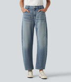High-waisted Casual Barrel Leg Jeans with Pockets — Coronet Blue Denim — view 1
