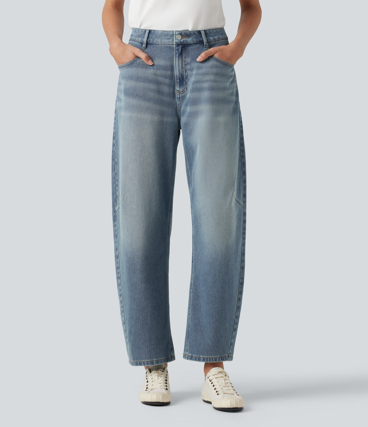 High-waisted Casual Barrel Leg Jeans with Pockets — Coronet Blue Denim — view 1