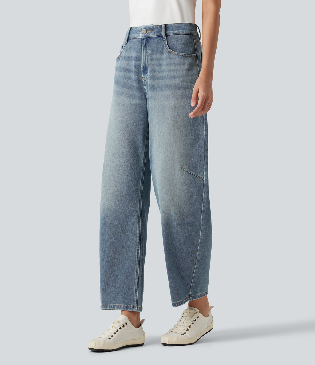 High-waisted Casual Barrel Leg Jeans with Pockets — Coronet Blue Denim — view 3