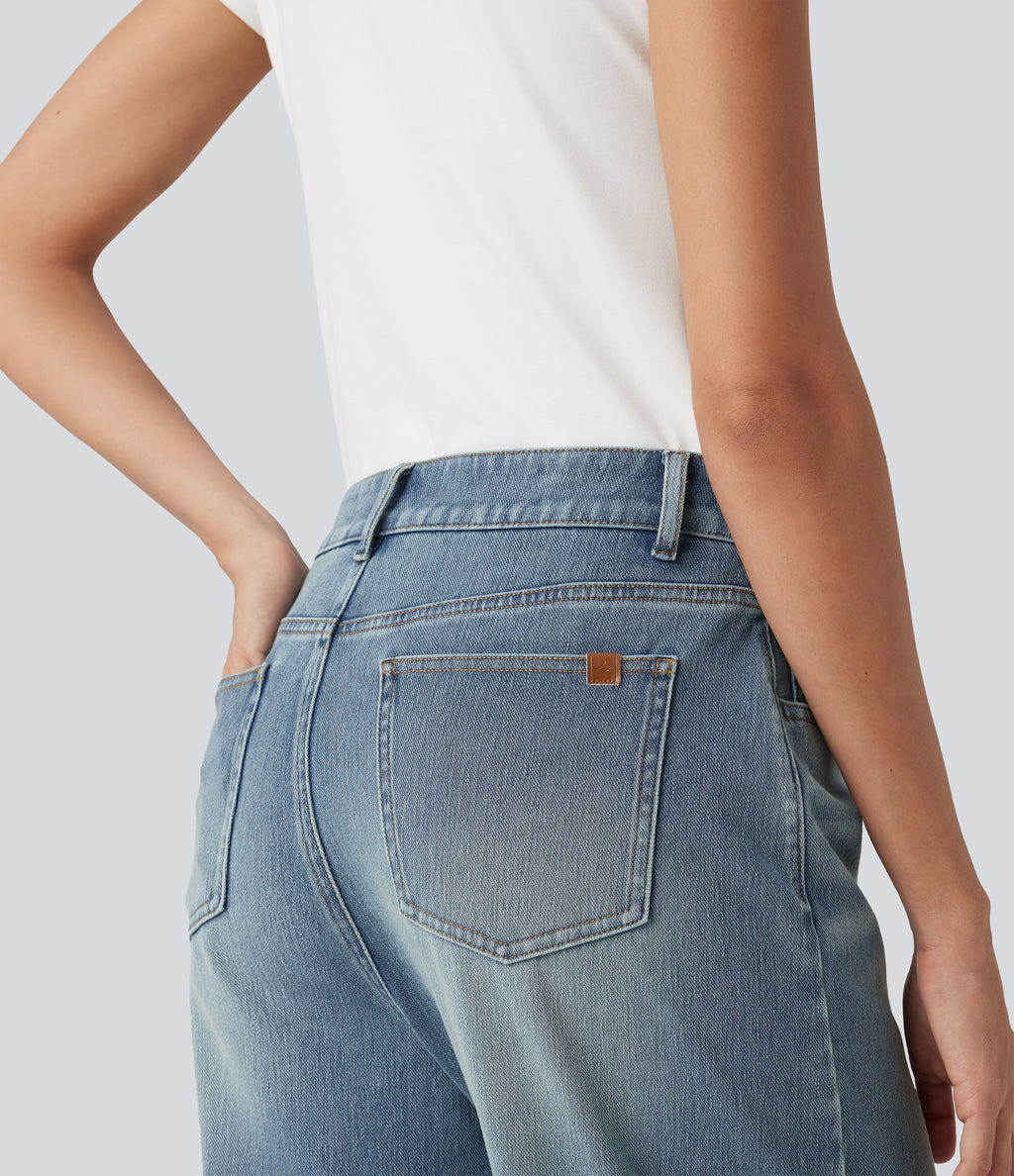 High-waisted Casual Barrel Leg Jeans with Pockets — Coronet Blue Denim — view 5