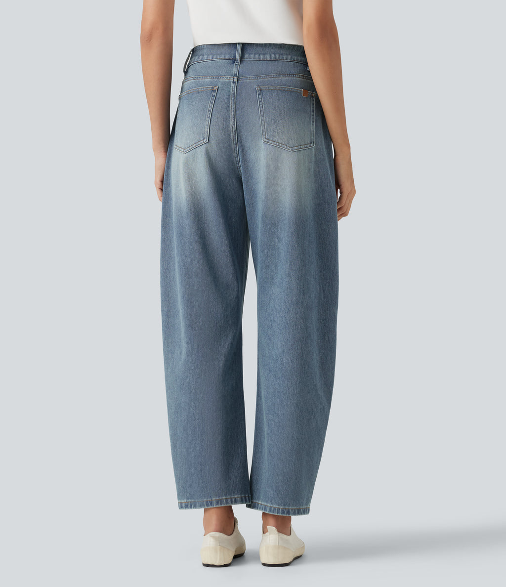 High-waisted Casual Barrel Leg Jeans with Pockets — Coronet Blue Denim — view 2