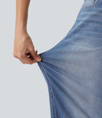 Low Rise Rolled Hem Casual Barrel Leg Jeans with Pockets — Gulf Stream Blue Denim — view 4