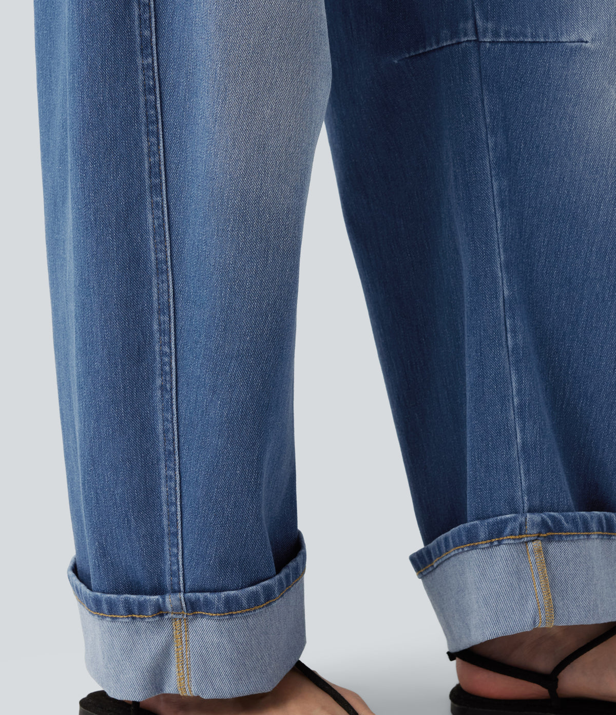 Low Rise Rolled Hem Casual Barrel Leg Jeans with Pockets — Gulf Stream Blue Denim — view 6