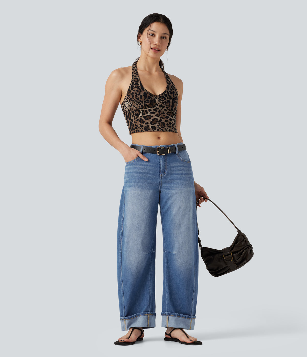 Low Rise Rolled Hem Casual Barrel Leg Jeans with Pockets — Gulf Stream Blue Denim — view 7