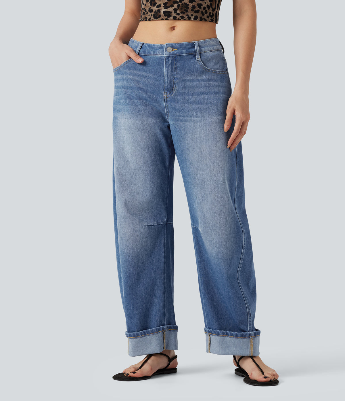 Low Rise Rolled Hem Casual Barrel Leg Jeans with Pockets — Gulf Stream Blue Denim — view 3