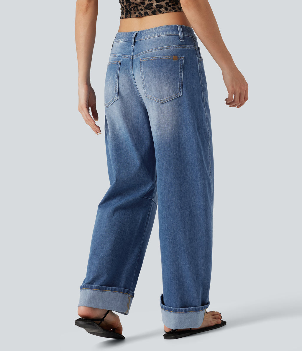 Low Rise Rolled Hem Casual Barrel Leg Jeans with Pockets — Gulf Stream Blue Denim — view 2