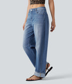 Low Rise Rolled Hem Casual Barrel Leg Jeans with Pockets — Gulf Stream Blue Denim — view 1