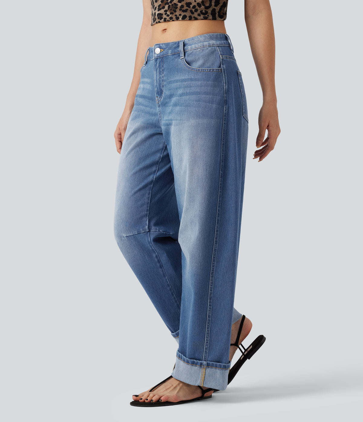 Low Rise Rolled Hem Casual Barrel Leg Jeans with Pockets — Gulf Stream Blue Denim — view 1