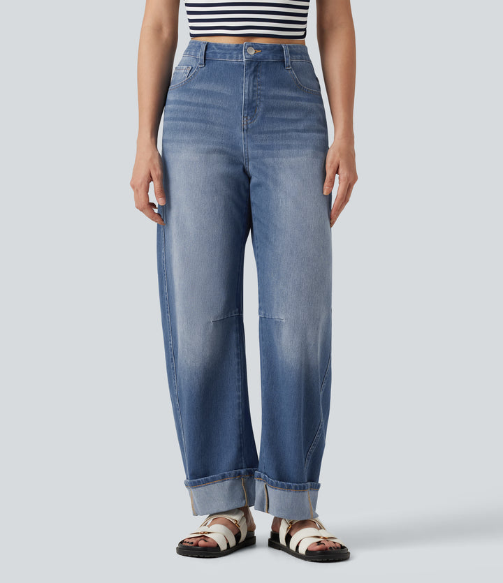 Mid Rise Rolled Hem Casual Barrel Leg Jeans with Pockets — Gulf Stream Blue Denim — view 1