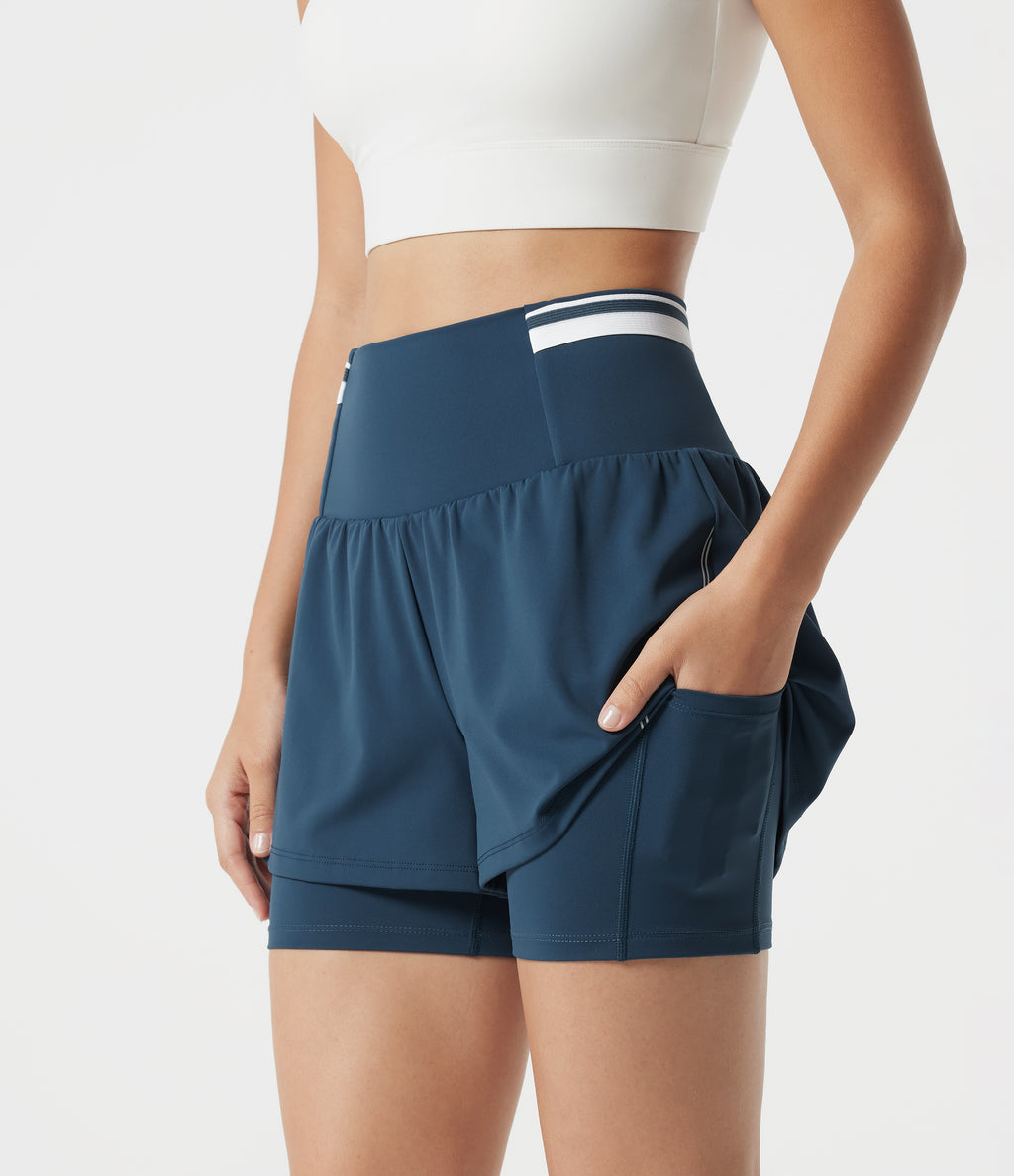 Airy Reflective Super High Waisted Tummy Control 2-in-1 Cool Touch Workout Shorts 5'' with Pockets — Majolica Blue — view 6