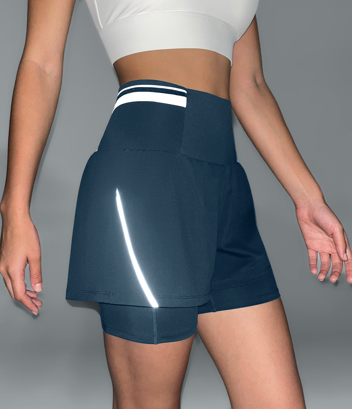 Airy Reflective Super High Waisted Tummy Control 2-in-1 Cool Touch Workout Shorts 5'' with Pockets — Majolica Blue — view 4