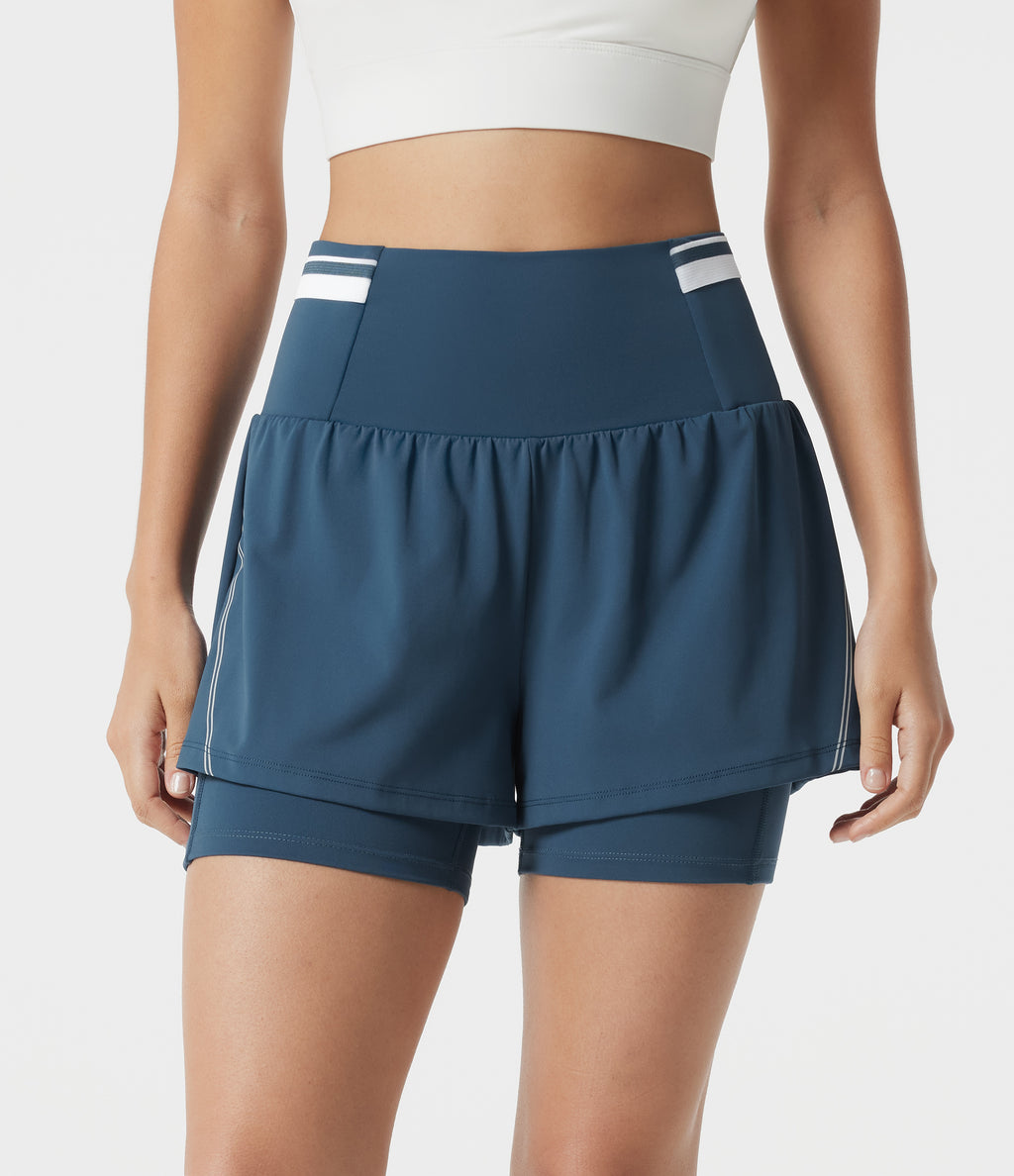 Airy Reflective Super High Waisted Tummy Control 2-in-1 Cool Touch Workout Shorts 5'' with Pockets — Majolica Blue — view 3
