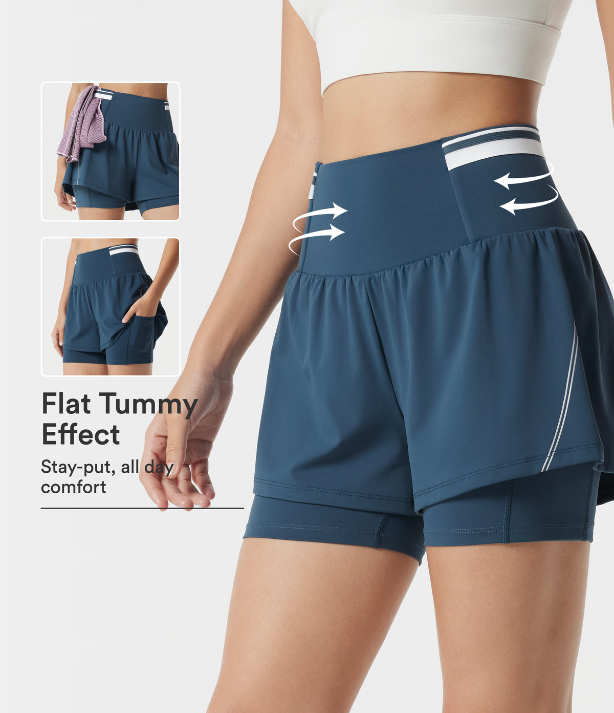 Airy Reflective Super High Waisted Tummy Control 2-in-1 Cool Touch Workout Shorts 5'' with Pockets — Majolica Blue — view 1
