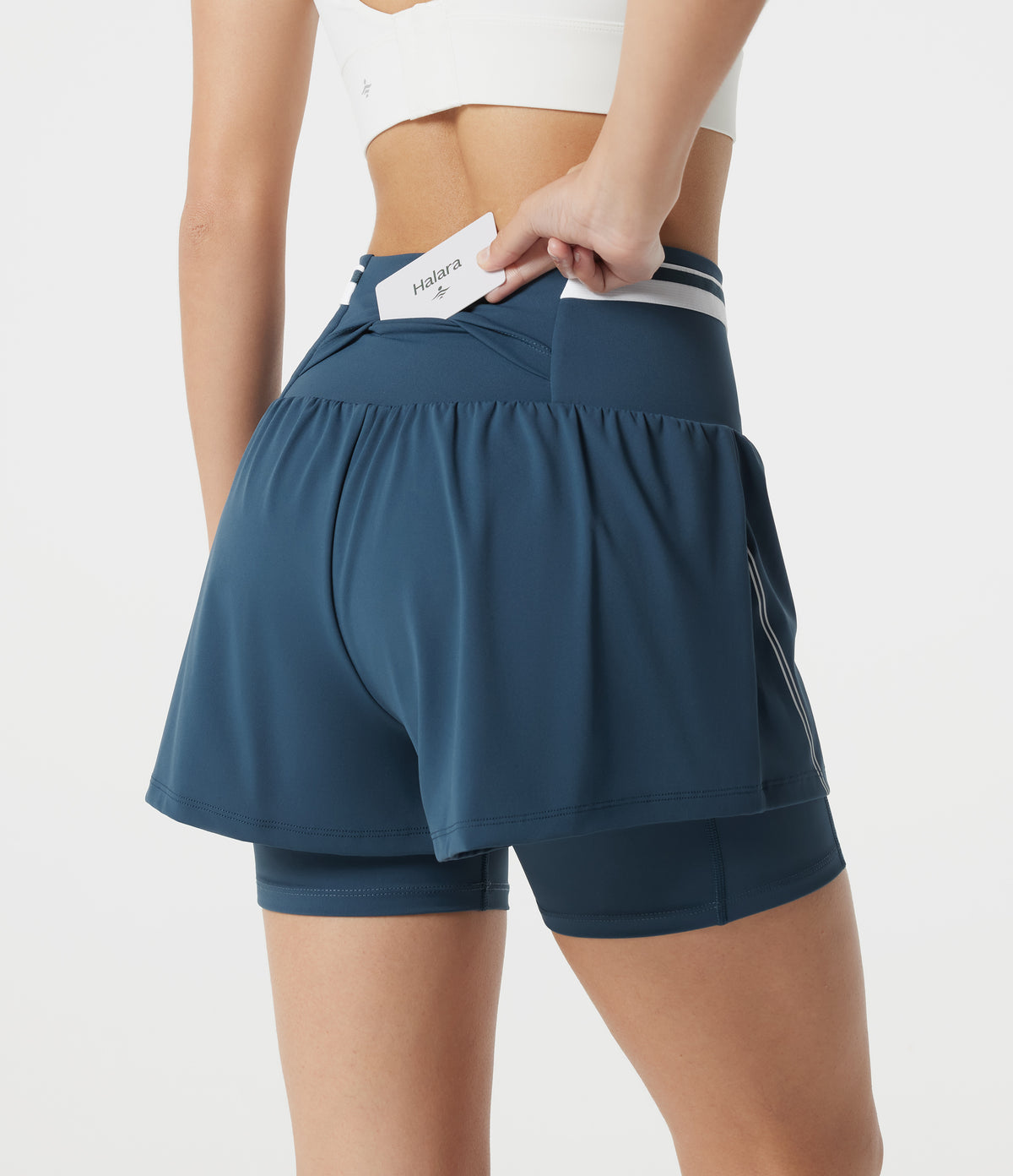 Airy Reflective Super High Waisted Tummy Control 2-in-1 Cool Touch Workout Shorts 5'' with Pockets — Majolica Blue — view 7