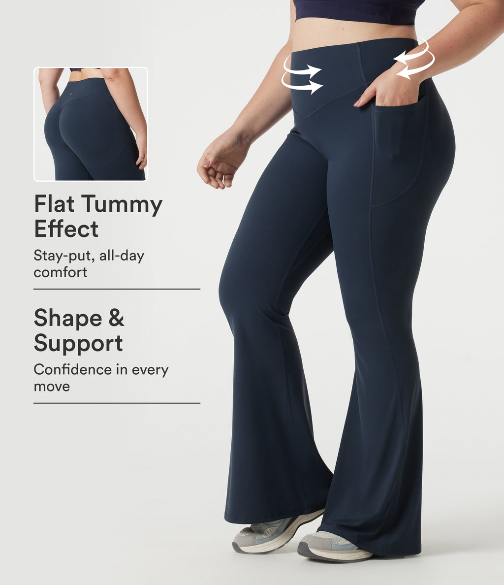 Plus Size High Waisted Scrunch Butt Lifting Tummy Control Shaping Yoga Flare Leggings with Pockets — Carbon — view 1