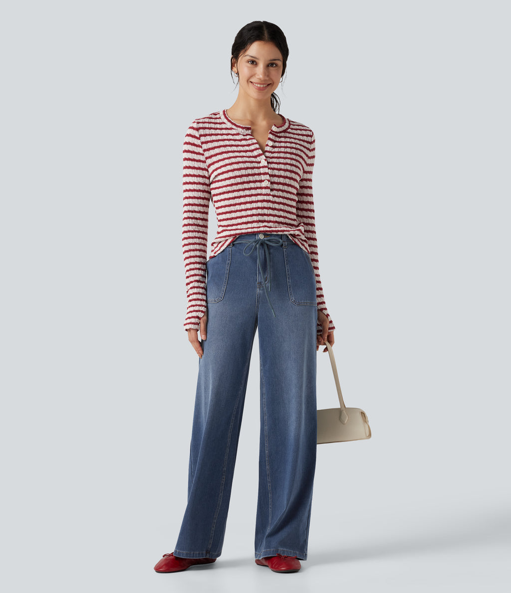 Mid Rise Drawstring Casual Baggy Straight Leg Jeans with Pockets — Blue Surf Denim — view 8