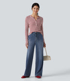 Mid Rise Drawstring Casual Baggy Straight Leg Jeans with Pockets — Blue Surf Denim — view 8