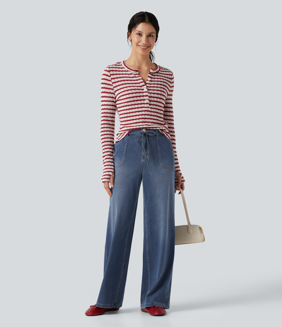 Mid Rise Drawstring Casual Baggy Straight Leg Jeans with Pockets — Blue Surf Denim — view 8