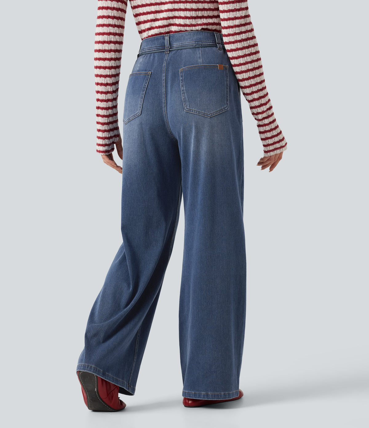 Mid Rise Drawstring Casual Baggy Straight Leg Jeans with Pockets — Blue Surf Denim — view 2
