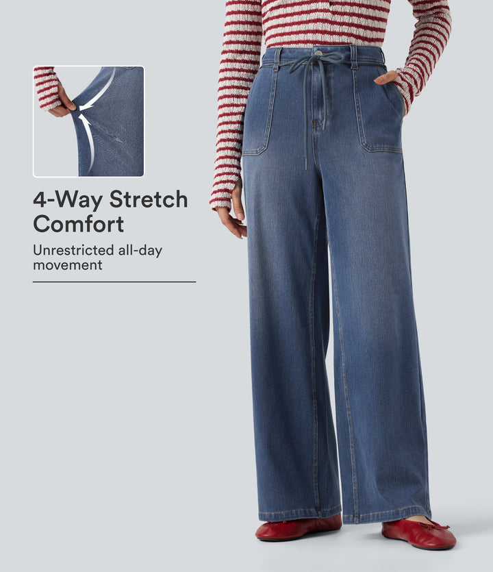 Mid Rise Drawstring Casual Baggy Straight Leg Jeans with Pockets — Blue Surf Denim — view 1