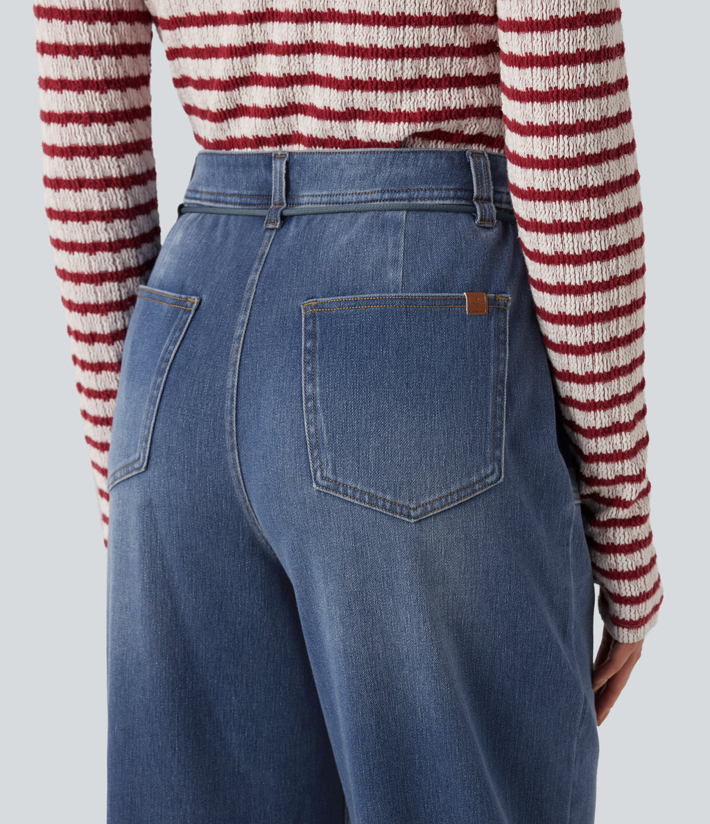Mid Rise Drawstring Casual Baggy Straight Leg Jeans with Pockets — Blue Surf Denim — view 7