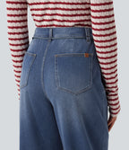 Mid Rise Drawstring Casual Baggy Straight Leg Jeans with Pockets — Blue Surf Denim — view 7