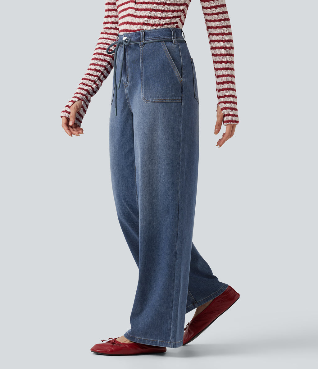 Mid Rise Drawstring Casual Baggy Straight Leg Jeans with Pockets — Blue Surf Denim — view 3