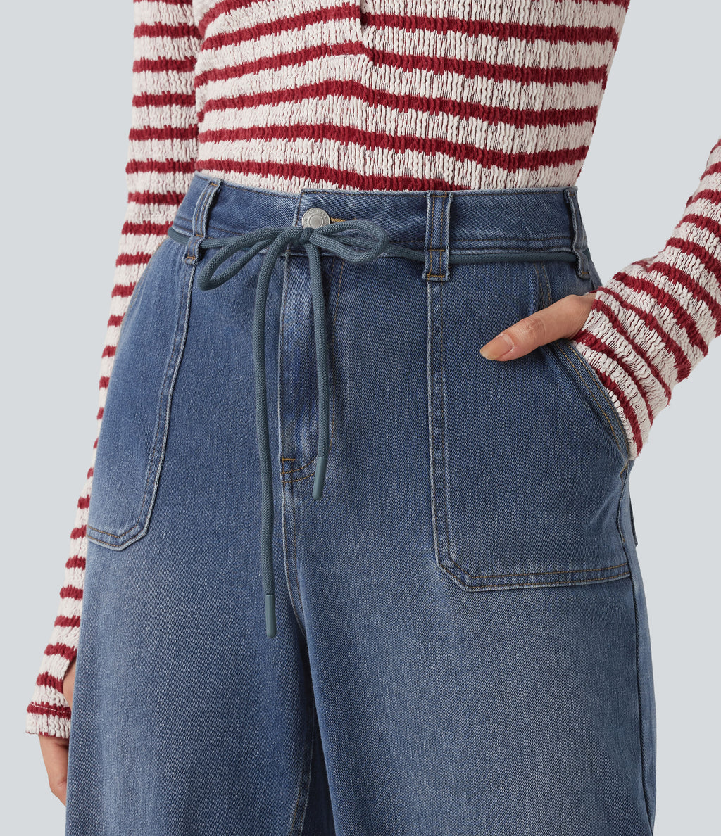 Mid Rise Drawstring Casual Baggy Straight Leg Jeans with Pockets — Blue Surf Denim — view 6