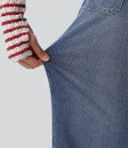 Mid Rise Drawstring Casual Baggy Straight Leg Jeans with Pockets — Blue Surf Denim — view 5