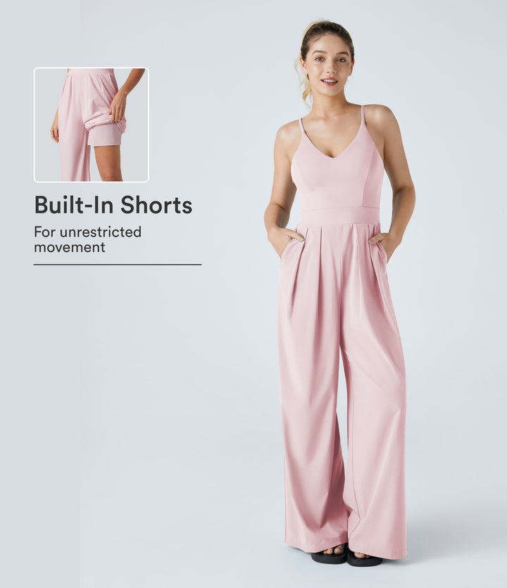 V-Neck Backless Invisible Zipper 2-in-1 Casual Slip Baggy Jumpsuit with Pockets — Primrose Pink — view 1