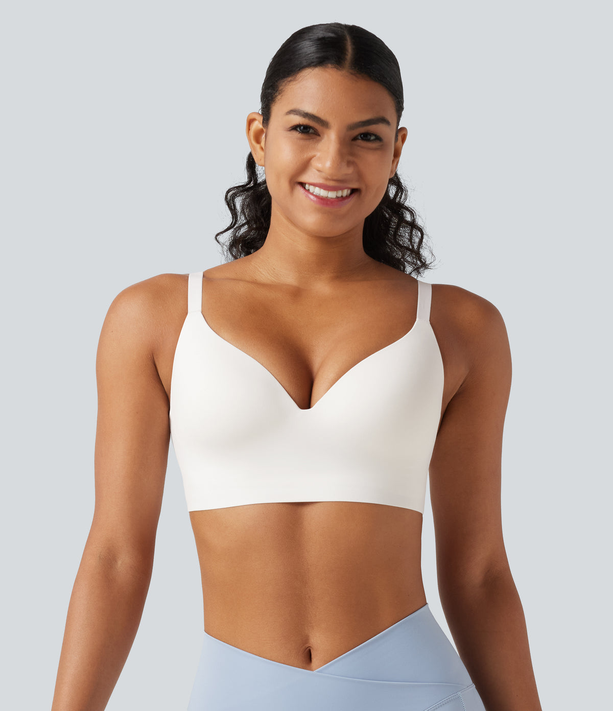 Low Support Deep V Neck Non-Removable Pad Push Up Yoga Sports Bra — White — view 3