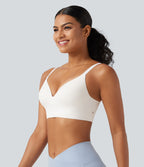Low Support Deep V Neck Non-Removable Pad Push Up Yoga Sports Bra — White — view 4