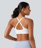 Low Support Deep V Neck Non-Removable Pad Push Up Yoga Sports Bra — White — view 6