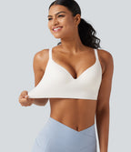 Low Support Deep V Neck Non-Removable Pad Push Up Yoga Sports Bra — White — view 7