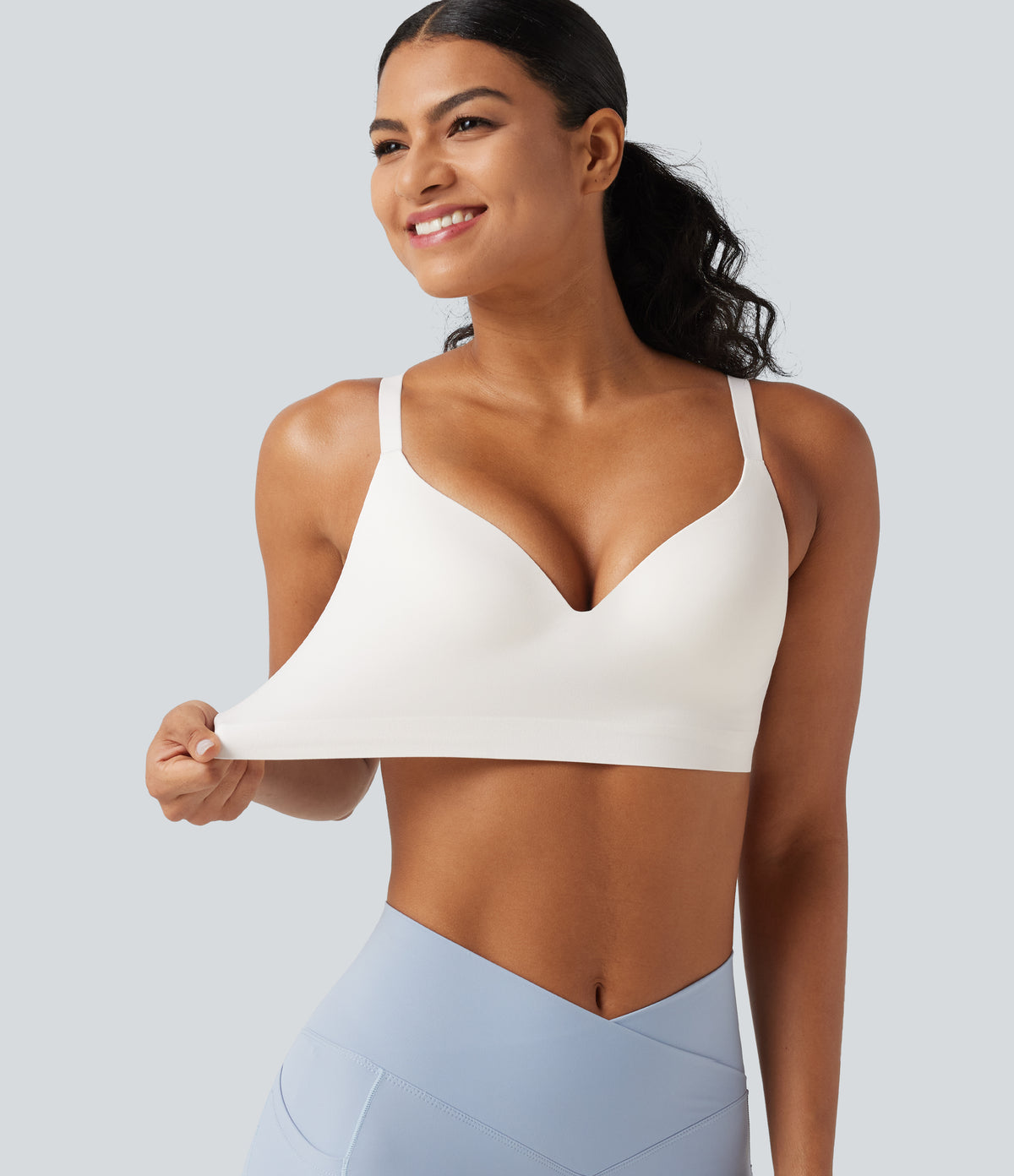 Low Support Deep V Neck Non-Removable Pad Push Up Yoga Sports Bra — White — view 7