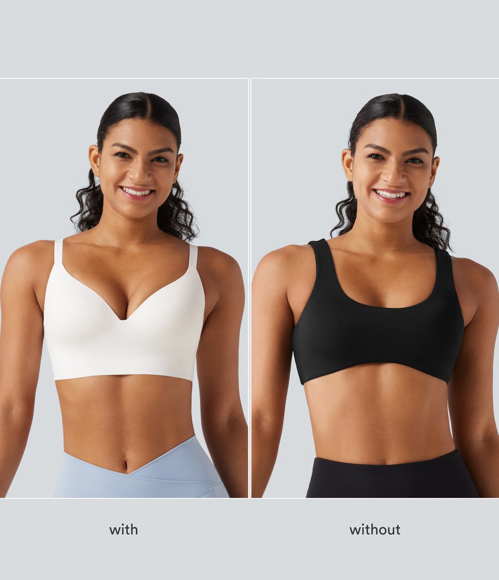 Low Support Deep V Neck Non-Removable Pad Push Up Yoga Sports Bra — White — view 2