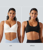 Low Support Deep V Neck Non-Removable Pad Push Up Yoga Sports Bra — White — view 2