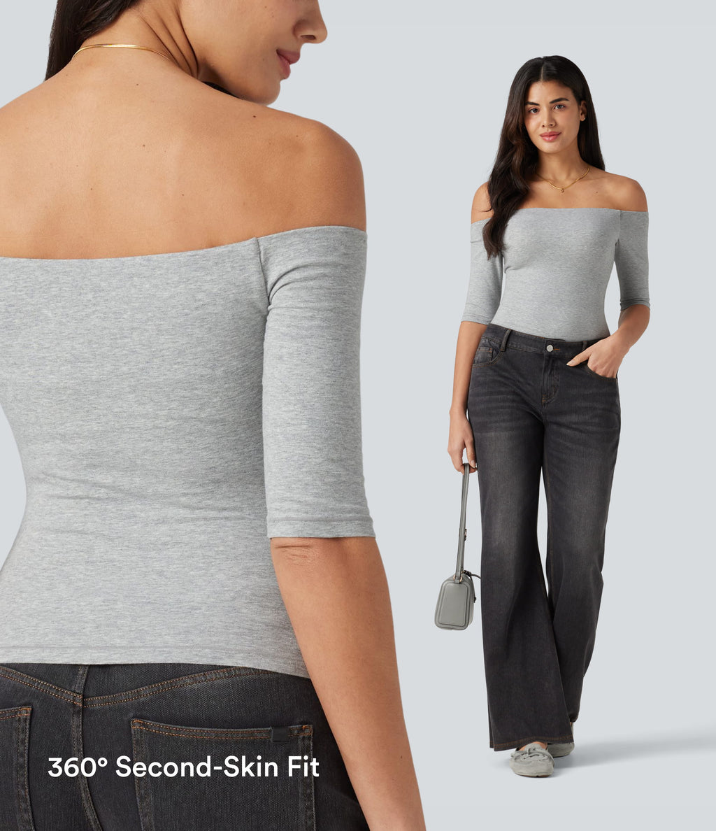 Cotton Jersey Off-Shoulder Removable Straps Half Sleeve Built-in Bra Casual T-Shirt B-DD Cups — Urban Mist — view 8