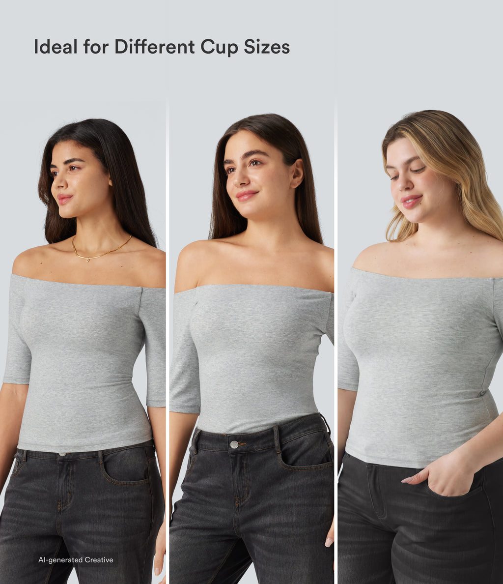 Cotton Jersey Off-Shoulder Removable Straps Half Sleeve Built-in Bra Casual T-Shirt B-DD Cups — Urban Mist — view 3