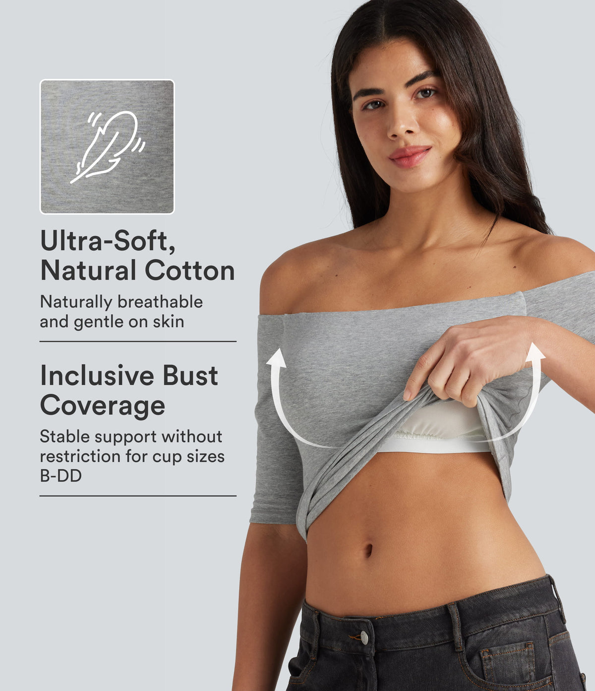 Cotton Jersey Off-Shoulder Removable Straps Half Sleeve Built-in Bra Casual T-Shirt B-DD Cups — Urban Mist — view 1