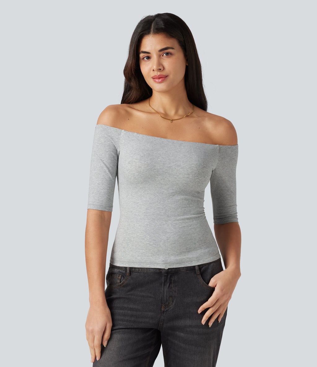 Cotton Jersey Off-Shoulder Removable Straps Half Sleeve Built-in Bra Casual T-Shirt B-DD Cups — Urban Mist — view 2