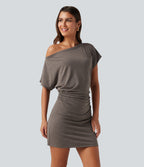 One Shoulder Short Sleeve Ruched Tummy Control 2-in-1 Mini Casual Dress — Chocolate Chip — view 4
